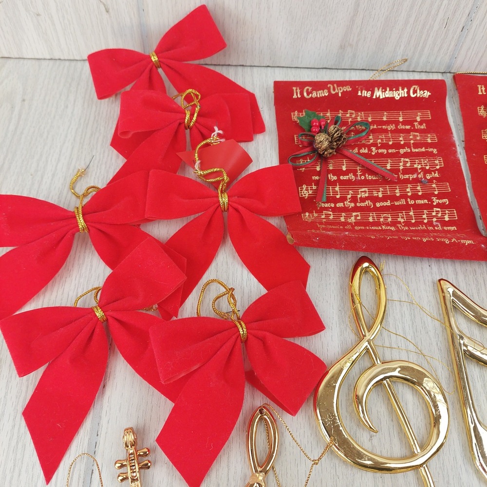 Vintage Musical Christmas Ornaments Gold Red Bows Music Symbols Instruments - Picture 2 of 6